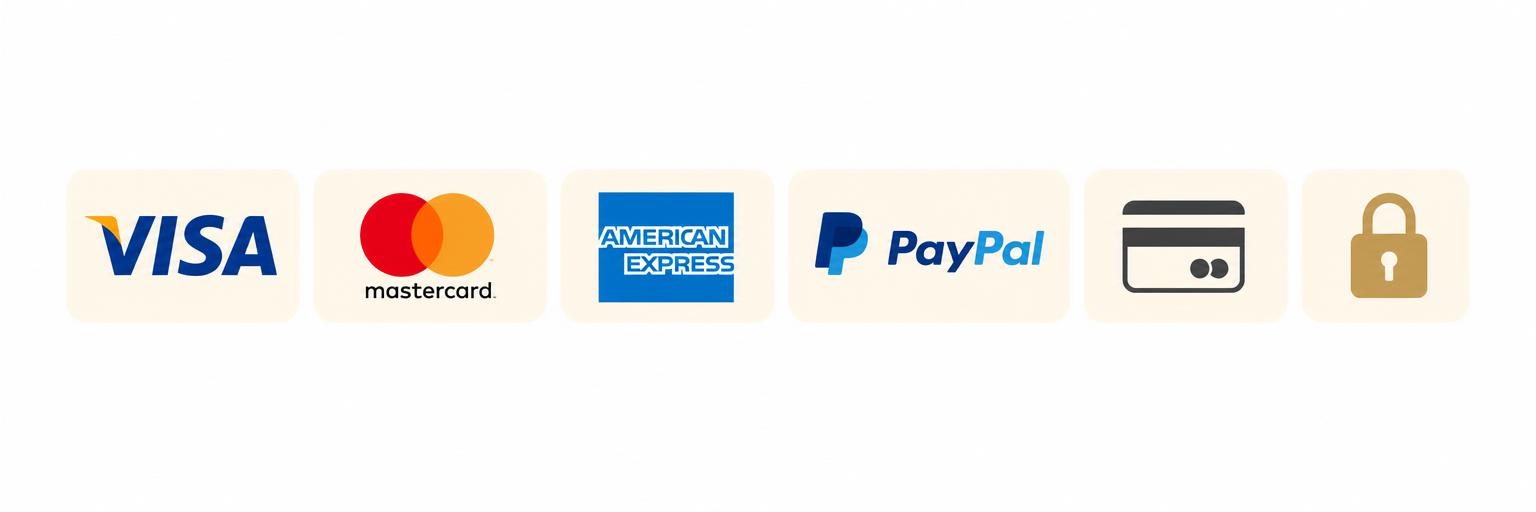 Métodos de pago aceptados: Visa, Mastercard, American Express, PayPal y tarjetas de crédito